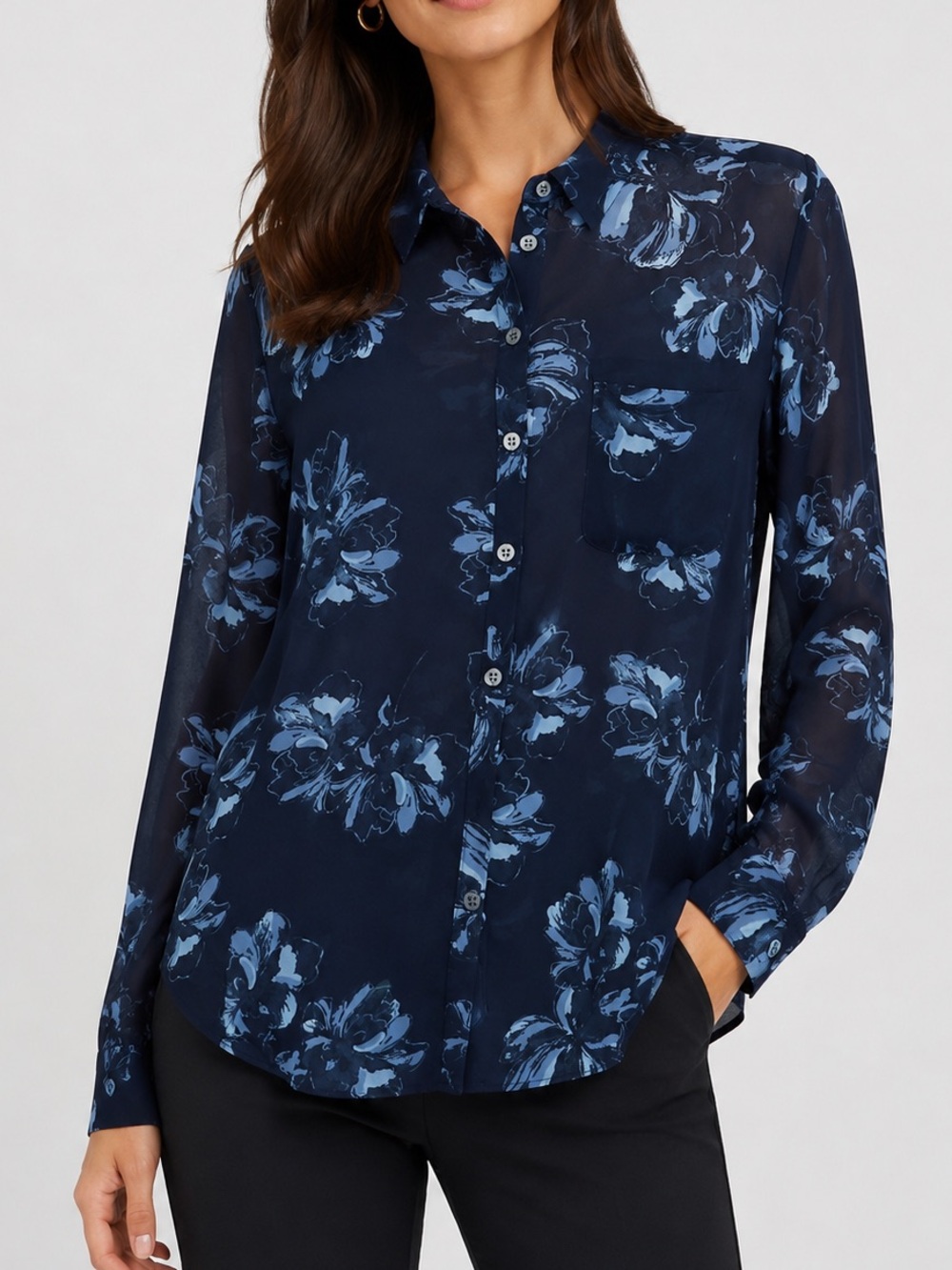 Ann Taylor Sheer Floral Button Front Blouse – Navy Blue Light Blue Long Sleeve